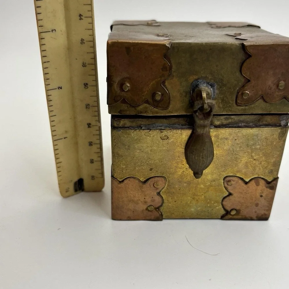Vtg‎ Brass Copper Box Wood Lined Hand Crafted Brass Fitted Made In India Patina